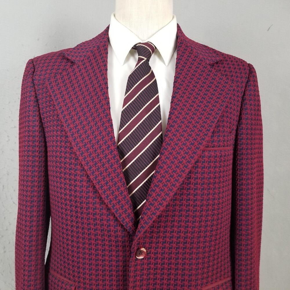 Vintage Sears Blazer Mens 42 Red Geometric Knit Travelknit Sport Coat Jacket - Picture 2 of 16